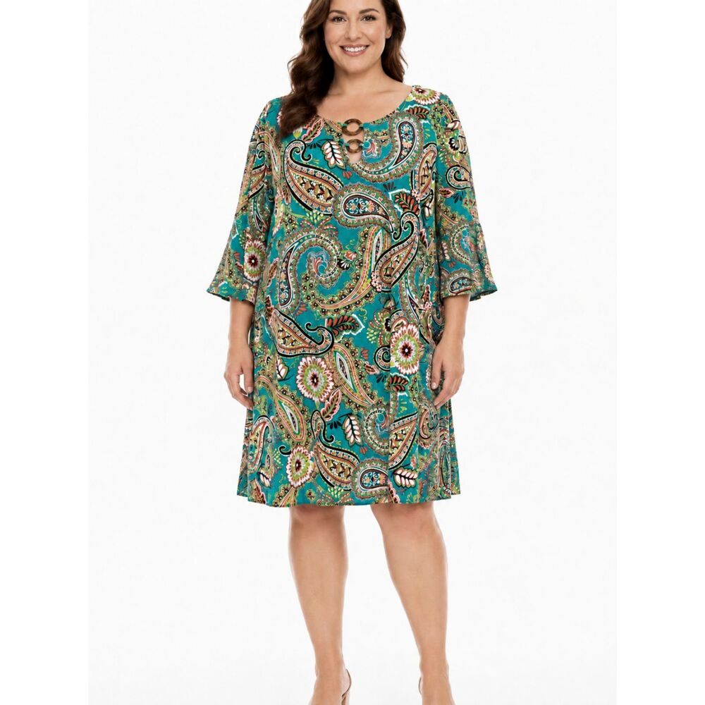 Tacera 3X Teal Paisley Jersey Knit Popover Bell Sleeve Dress NWOT